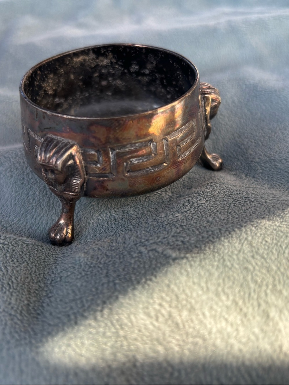 Vintage mini brass Egyptian style miniature bowl with legs tiny